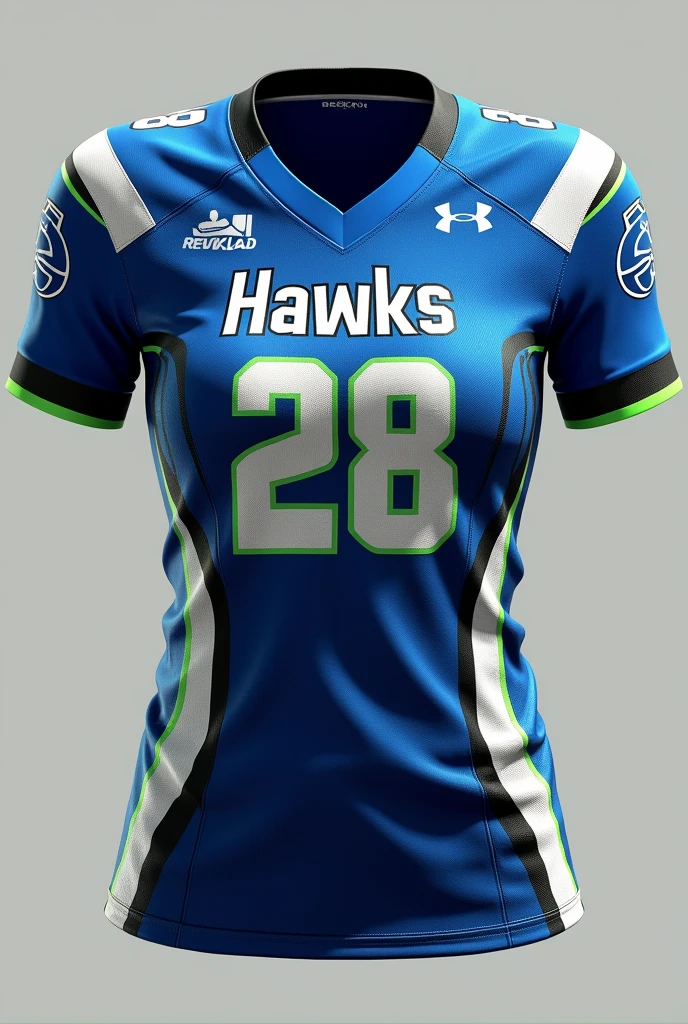 I need you to make a design for a game jersey, like the American football ones but for girls with blue colors, white, black and very little green. The team he represents is called Hawks. May it have the number 28