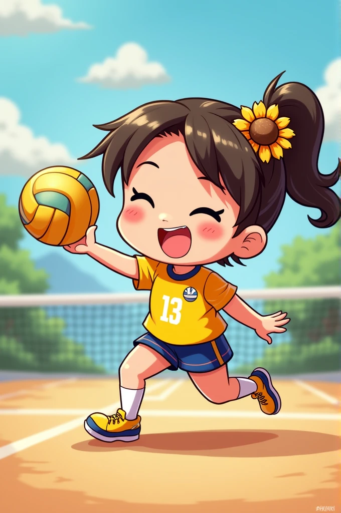 CHIBI 
COLOR: YELLOW 
OUTFIT: VOLLEYBALL JERSEY
SPORT: VOLLEYBALL
ACCESSORIES: SUNFLOWER CLIP
NUMBER: 13
NAME: MS.K