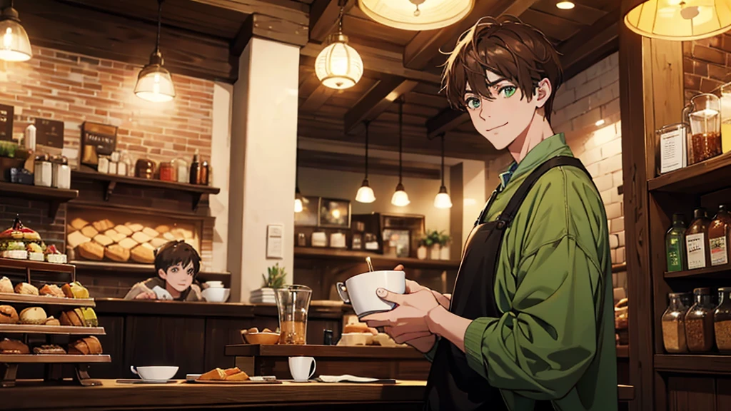 1 boy, brown hair, green eyes, smiley face, tall, lean, casual clothes, looking at the viewer, standing in a cozy café, free hands, absurd res, high res, ultrasharp, 8k, masterpiece