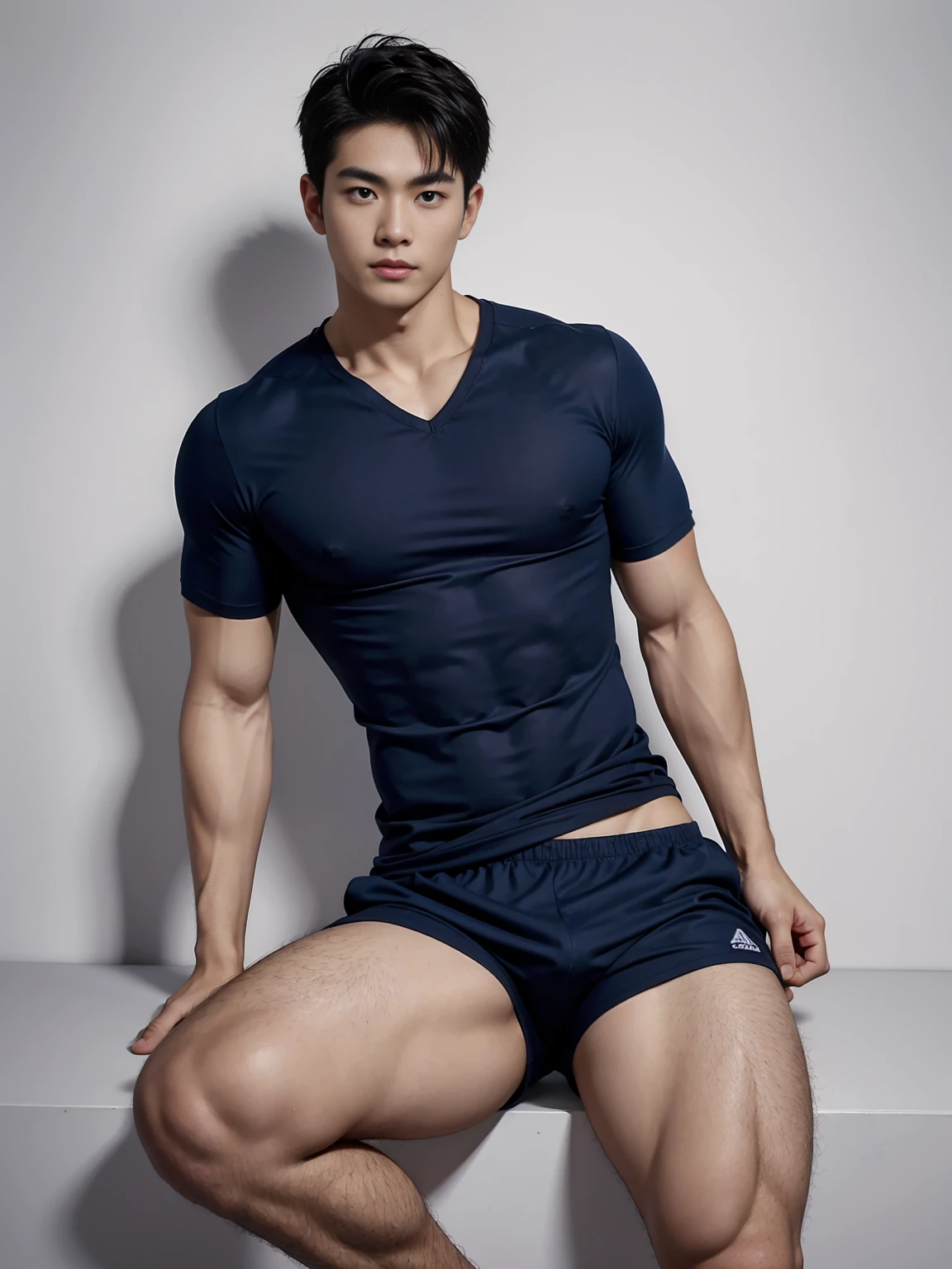 1 Handsome  naked Japanese guy ，Sexy pose, A 20 year-old man wearing a Bare chest shirt and Excellent shorts stands against a white background, navy Blue, navy Blue, Sports T-shirt, Blue, Excellent Sportswear, Gorgeous and sexy clothes, Sportswear, Short sleeve, Jinjinshen Blue clothes, Tall young man, Tennis suits, Wearing sportswear, dark Blue decorative clothing，male，Bare chest,Full chest muscles，Swelling of chest muscles，Six-pack，Hips， Handsome，High，Muscles look good，hairy body，Sexy expression, Wheat complexion，black eyes（thin eyes 1：3），Full body image, Excellent, perfect dick shape, Perfect hand details,Detailed you, , Mostly juicy ass, The opening of your legs