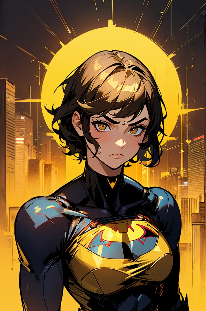 1female , undercut hair , wavy hair ,short hair, black Hair , golden Eyes , muscular ,teen female , Serious Expression , Modern City Background , Big symbol on chest, modern city background, upper body, superman shirt, arm, black arm sleeves, superhero suit, Superman S Symbol, lesbian, blonde highlights, black leotard outfit, big red S symbol