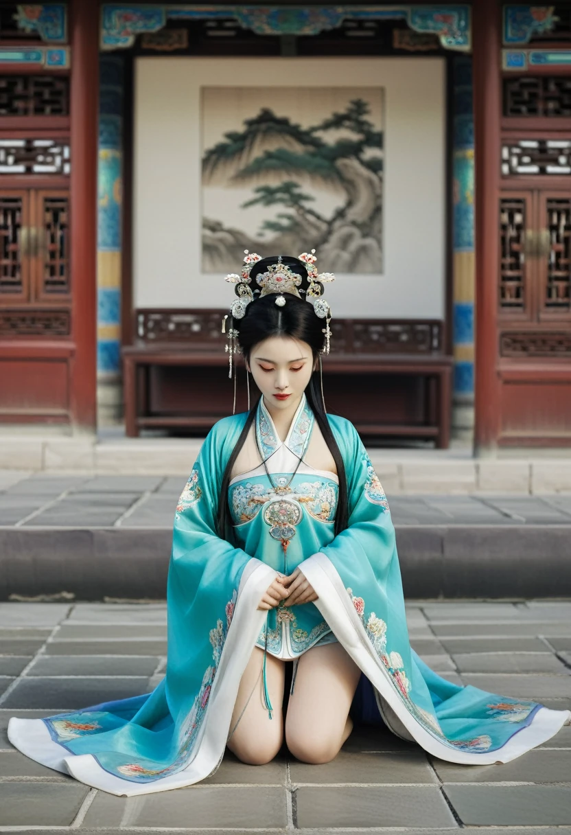 A woman seen from the front, bent over on the ground facing forward with her legs spread apart. A Chinese empress wearing a large crown, showing her abdomen, thighs and toes.。She is wearing no underwear, and her large breasts are exposed, right down to her bare stomach. Her hair is tied up and pulled up, and the background is the stone pavement of the Chinese palace of the Qing Dynasty.