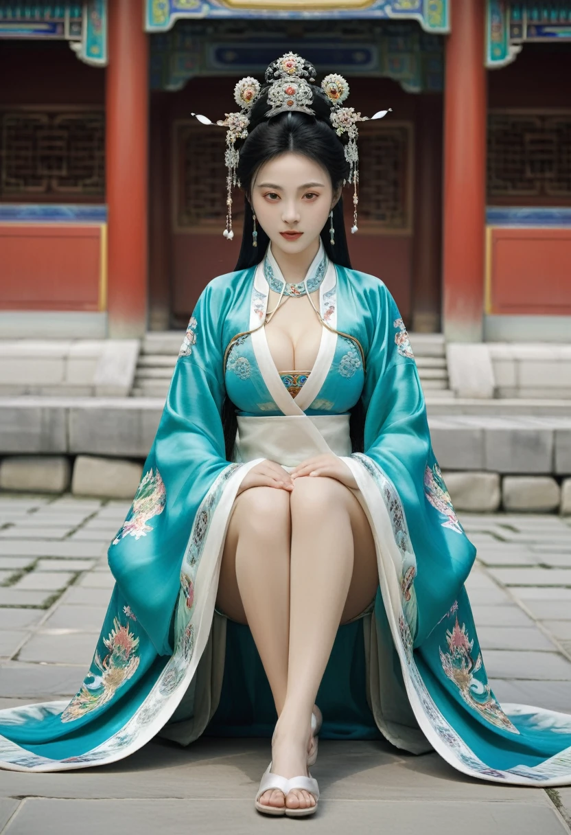 A woman seen from the front, bent over on the ground facing forward with her legs spread apart. A Chinese empress wearing a large crown, showing her abdomen, thighs and toes.。She is wearing no underwear, and her large breasts are exposed, right down to her bare stomach. Her hair is tied up and pulled up, and the background is the stone pavement of the Chinese palace of the Qing Dynasty.