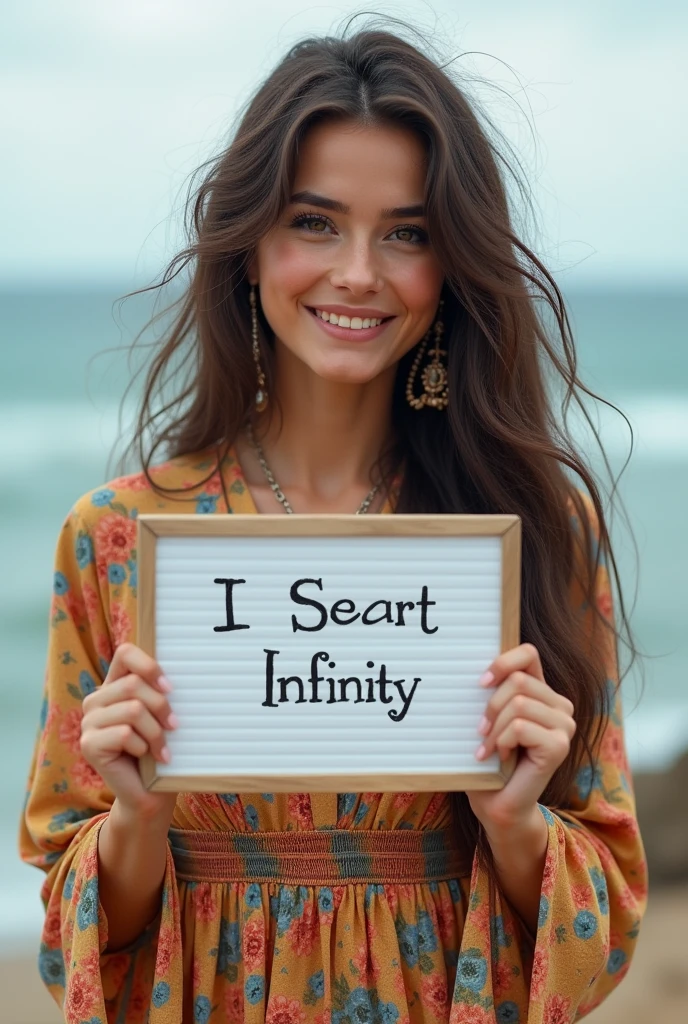 Beautiful girl with wavy long hair, bohemian dress, holding a white board with text "I Love Seaart Infinity" and showing it to the viewer