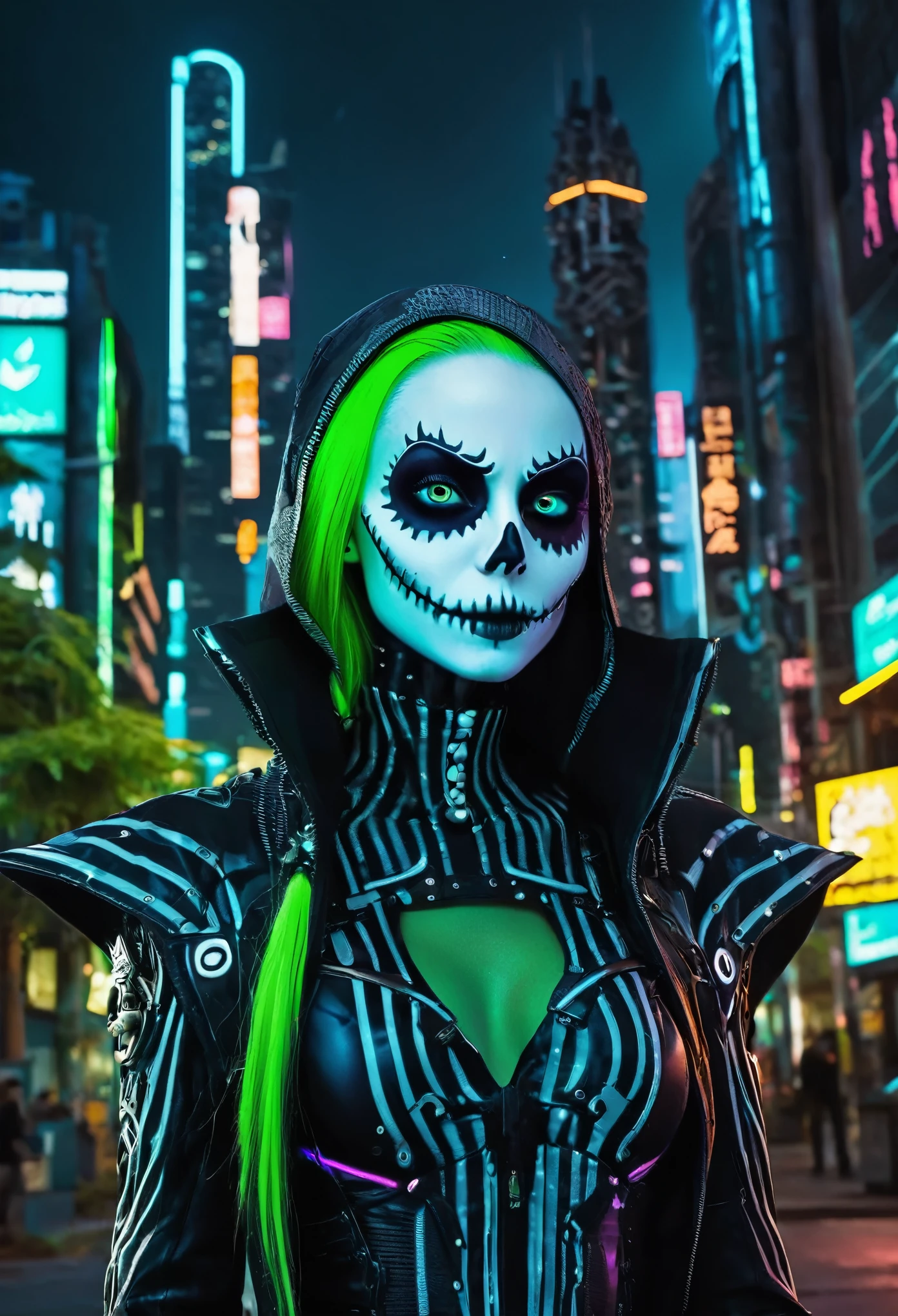 creepy Cyberpunk artwork inspired by Jack Skellington from The Nightmare Before Christmas, set in a futuristic fashion cyberpunk universe. Sexy, Emphasize her seductive allure, beautiful face, perfect eyes, perfect nose shape, perfect lips, perfect hands, vibrant green foliage, neon-lit cityscape, and intricate cybernetic enhancements. Capture the essence of danger and allure in this cyberpunk masterpiece., cyberpunk style Negative Prompt