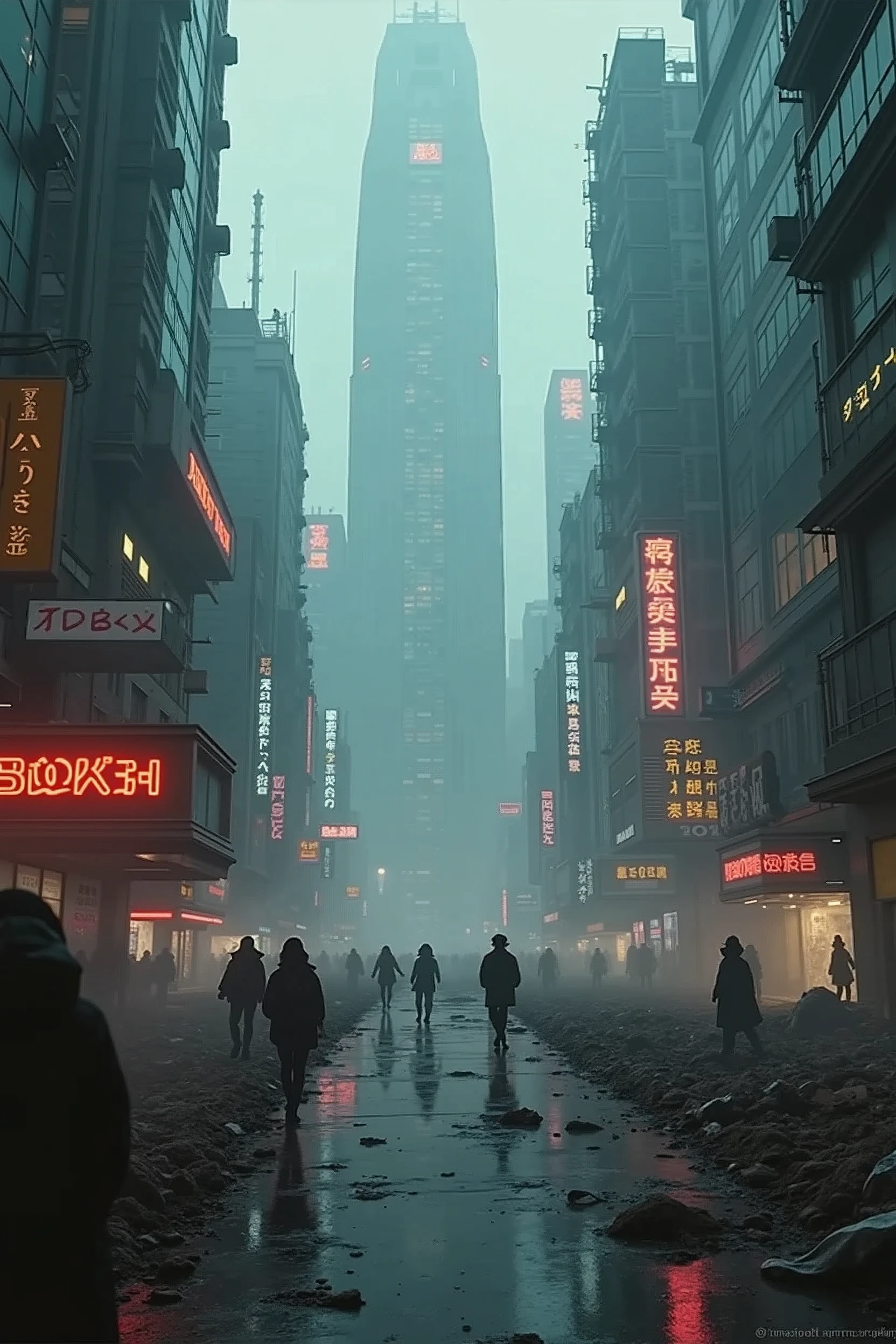 Vertion Dark Fantasy of Movie Blade Runner 2049, Panoramic view of City, NeoPunk, CiberPunk, Distopic City, Distopic View, Skine Line, Buildings, spinner vehicule, rain, ligths, smoke, nigth, realism, hiper realism, photo realism, perfection, master piece, beautiful view, mist, hologram, advertising, merkating, human, people, 8k, 4k. Sciencie fiction, architecture, android, robot, neon ligth, trash, garbage. 