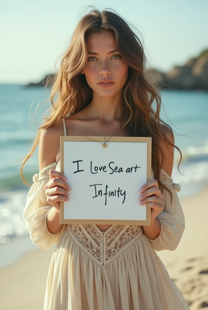 Beautiful girl with wavy long hair, bohemian dress, holding a white board with text "I Love Seaart Infinity" and showing it to the viewer