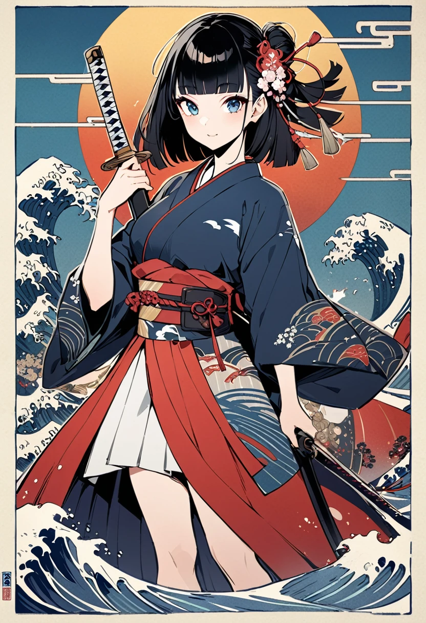 blue sky、Ukiyo-e、Ocean、Kimono dress,Black Hair、blunt bangs、Samurai、Japanese sword, face, Modern design, 1 female,Sexy concept,