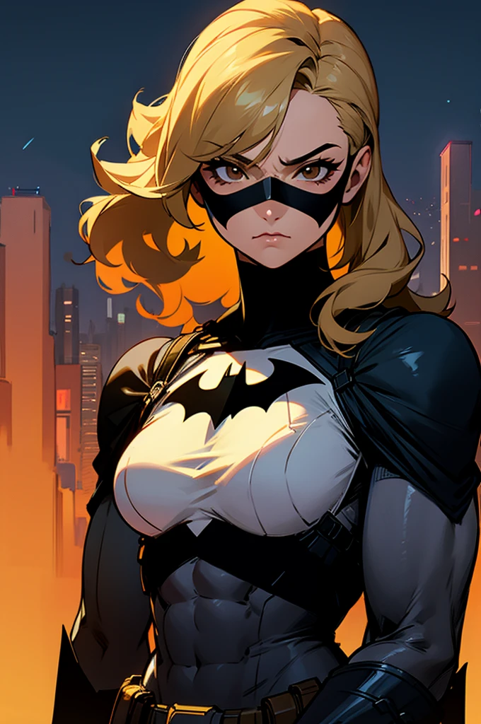 1female , curly hair ,long hair, black Hair , brown Eyes , muscular ,teen female , Serious Expression , Modern City Background , Big symbol on chest, modern city background, upper body, batman shirt, arm, white arm sleeves, superhero suit, lesbian, blonde highlights, night sky, batman mask, black mask covering face, batman face mask