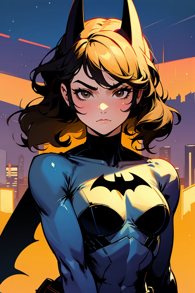 1female , curly hair ,long hair, black Hair , brown Eyes , muscular ,teen female , Serious Expression , Modern City Background , Big symbol on chest, modern city background, upper body, batman shirt, arm, white arm sleeves, superhero suit, lesbian, blonde highlights, night sky, batman mask, black mask covering face, batman face mask