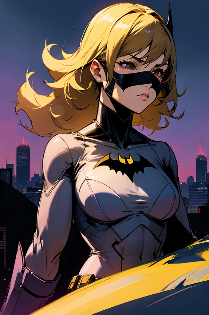 1female , curly hair ,long hair, black Hair , brown Eyes , muscular ,teen female , Serious Expression , Modern City Background , Big symbol on chest, modern city background, upper body, batman shirt, arm, white arm sleeves, superhero suit, lesbian, blonde highlights, night sky, batman mask, black mask covering face, batman face mask