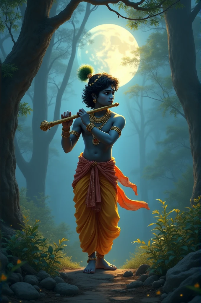 Lord Krishna playing the flute under a
moonlit sky, surrounded by a serene,
lush forest.