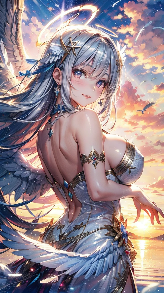 Particles of light, (Dazzling Light:1.2),(1 Angel Girl:1.2),26yo,Nice, Adult face,Beautiful Face, (Face close-up:1.1),Big Breasts(Large Breasts:1.2),Big angel wings.,Angel wings growing(Giant angel wings:1.2),(Cute Smile:1.2), pink gold long hair, Silver Eyes, Detailed eyes, (Huge bright halo:1.2),(Decorative halo:1.2),Face close-up,(Putting jewelry in your hair:1.2), (hair ornaments:1.2),(Dress Sparkle:1.2),(Detailed decoration on the dress:1.2),(Reflection of the dress:1.2),(A strong wind is blowing), fly in the sky, , (dawn:1.2), (Heaven in the background:1.2), Huge sky, cloudy,(Light of the sun:1.2), (Lens flare:1.2), (Many silver feathers are flying:1.2), ,(white dove flying:1.2),Perfect Anatomy,Accurate anatomy,Sexy pose,Various poses