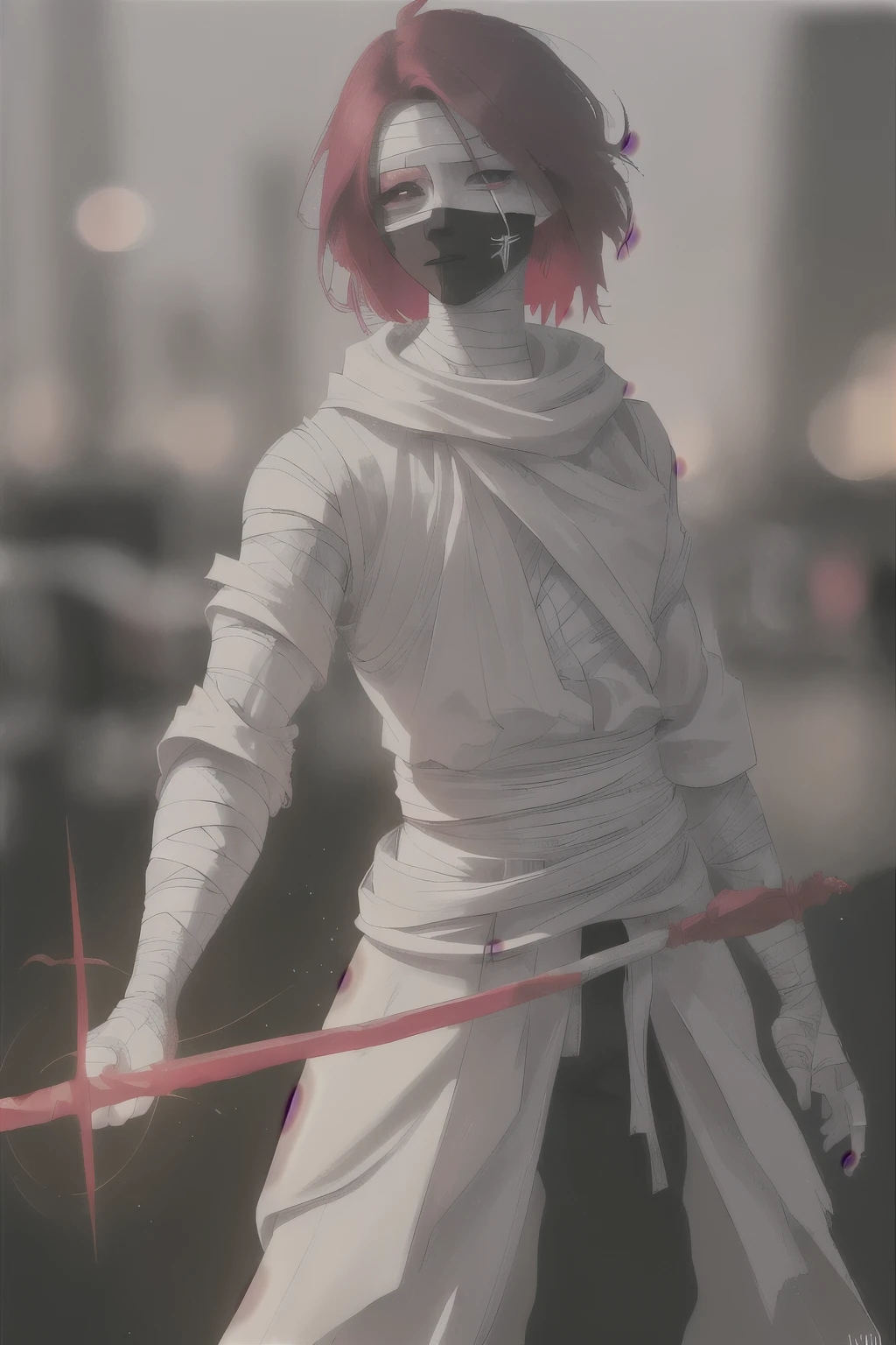 man, red hair, crooked face, holding a long staff, face in bandages, sovereignty, mummy face, bandage face, modern, city, (best quality,4k,8k,highres,masterpiece:1.2),ultra-detailed,(realistic,photorealistic,photo-realistic:1.37),HDR,UHD,studio lighting,ultra-fine painting,sharp focus,physically-based rendering,extreme detail description,professional,vivid colors,bokeh