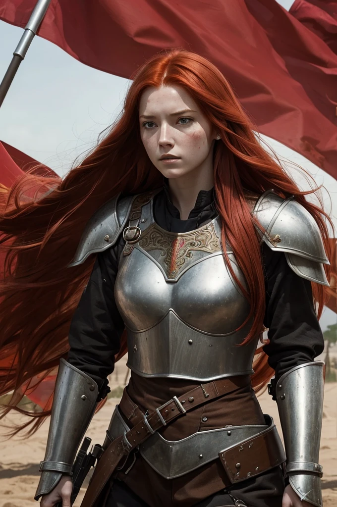 art of a red-haired woman with long, loose hair is on a battlefield, raising a red flag to the sky. She wears metal armor with ornate details., showing signs of recent battles, with marks and scratches.