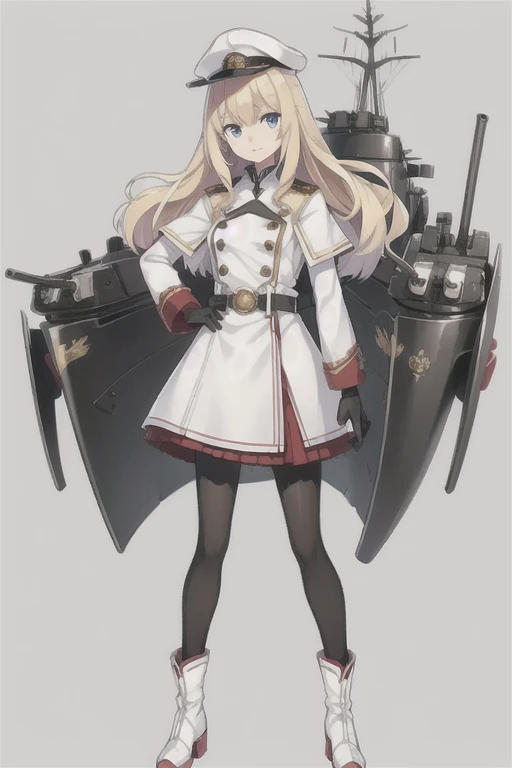 konggo \(warship girls r\),((Best quality))), ((Best quality))), ((Ultra-detailed)), ((illustration)), ((Disheveled hair)), ((frilld)), (1 girl), (Solo),,1girl, belt, black gloves, black legwear, blonde hair, blue eyes, boots, cannon, closed mouth, double-breasted, dress, full body, gloves, hat, jacket, knee boots, long hair, long sleeves, looking at viewer, machinery, military, military uniform, pantyhose, rigging, skirt, solo, standing, sword, turret, white dress, white footwear, white headwear, white jacket, Renovation