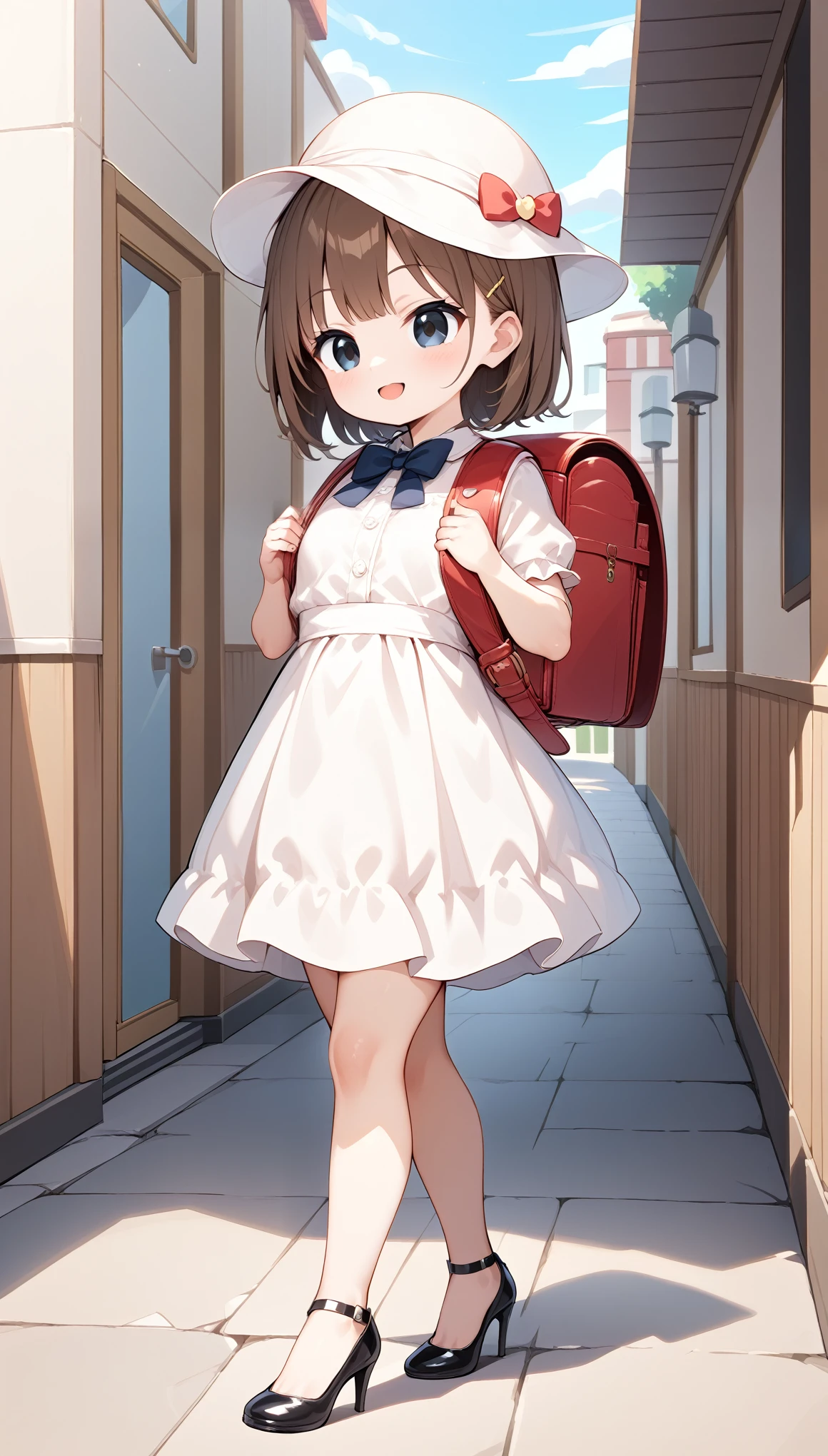 Masterpiece, hd, anime girl in  dress and hat with backpack walking down a street,  dress,bowtie, brown hair, headcap , wearing randoseru backpack, (randoseru backpack:1.2),  in dress, cute anime waifu in a nice dress, anime visual of a cute girl, young anime girl, beautiful anime school girl, aschool girl , anime full body illustration, an anime girl, wearing high heels, (high heels:1.2), cute girl, 10 y o