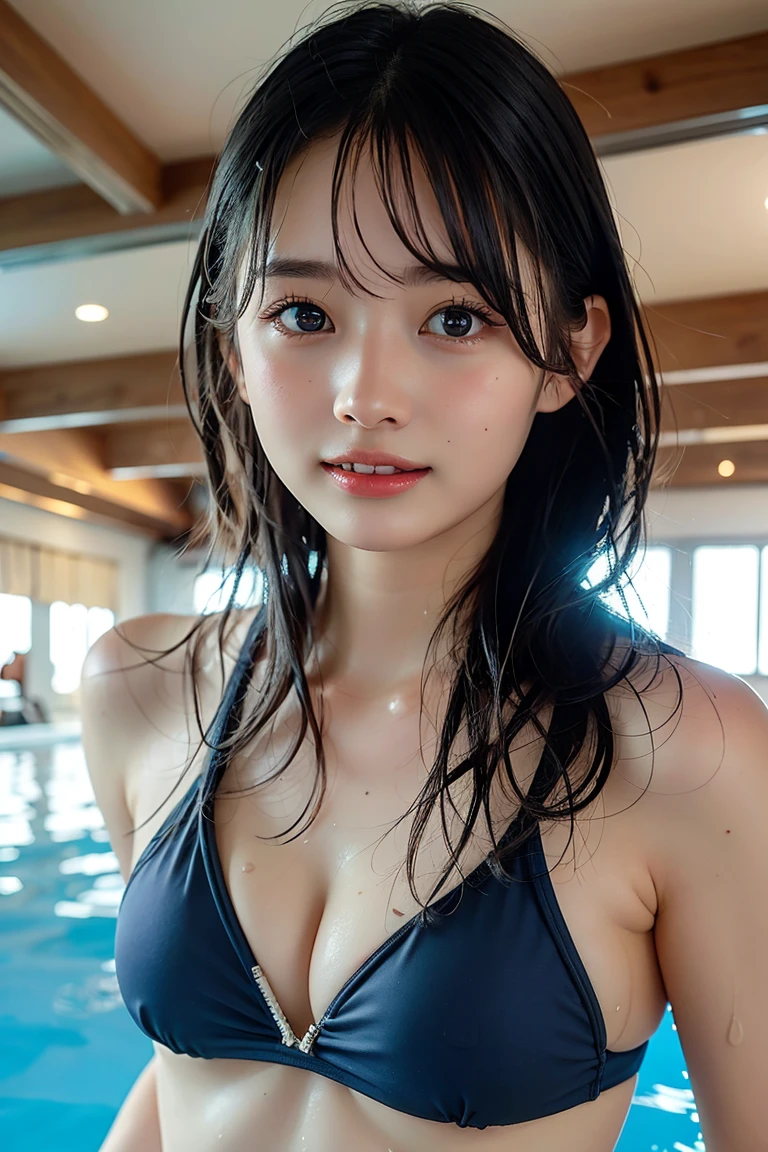 (close)、Girl 1、10th Generation、 (Cute eyes:1.ee the scenery、(((Navy school swimsuit))), (Detailed face), (smile, Happy:1.2), Perfect body、Big g black hair, (Wet Hair:1.2)、(Indoor swimming pool), Sit by the pool、shut up., Anatomically correct, Fine skin, Very delicate and sensitive eyes, Clean and shiny lips, (Very detailed:1.3), (Highest quality:1.3), (masterpiece, 8k:1.3), (Realistic:1.3), Natural light、
