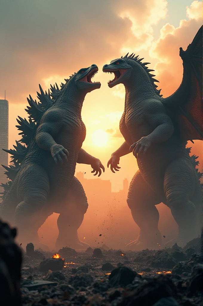 Title: "Godzilla vs. the Dragon: Clash of Titans"

[Opening Scene: Dramatic Music Plays]

[Visual: A panoramic shot of a devastated cityscape with smoke and debris everywhere, the sun setting in the background. The camera zooms in on a massive silhouette emerging from the horizon.]

Narrator (V.O.):
“In a world where legends walk among us, two titans prepare for an epic showdown. On one side, the King of the Monsters... Godzilla!”

[Cut to: Godzilla roaring, showcasing his fierce scales and lumbering power. A monstrous roar echoing through the landscape.]

Narrator (V.O.):
“And on the other, a mythical creature of destruction, rising from the depths of fantasy... the Dragon!”

[Visual: A colossal dragon with shimmering scales and sprawling wings, soaring above the clouds, letting out a thunderous roar. Flames flicker from its mouth.]

[Scene Transition: A dark, ominous mountain range. Storm clouds gather as lightning strikes illuminate the beast’s eyes.]

[Visual: The dragon lands, shaking the ground under its weight. Godzilla emerges, locking eyes with his adversary.]

Narrator (V.O.):
“From the depths of the ocean to the heights of the heavens, these titans are drawn to each other—unleashing their unmatched power in a battle for supremacy!”

[Scene: The camera cuts back and forth between close-ups of Godzilla and the dragon, showcasing their ferocity and determination.]

[Dramatic Music Rises]

Narrator (V.O.):
“As they prepare to collide, the very earth trembles beneath their feet! Witness the fury of their strength, the might of their wills!”

[Cut to: The first clash. Godzilla swings its tail, colliding with the dragon, sending it crashing into a building, reducing it to rubble.]

Narrator (V.O.):
“With a tail swipe that could level skyscrapers, Godzilla proves he is not to be underestimated!”

[Scene transition: The dragon shakes off the debris and retaliates, swooping down and unleashing fire upon Godzilla.]

Narrator (V.O.):
“But the dragon’s fiery breath ig