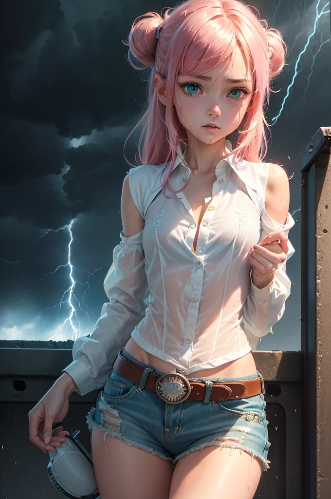 best quality, ultra-detailed, best illustration, masterpiece, high res (1girl:1.3), ((solo)), (perfect anatomy) (perfect face), (young girl (), fair skin, pink hair (shoulder length), green eyes, (((cowgirl outfit))), (((white shirt))), jean skintight black mini shorts, happy, blushing, (((flat chest))), in a futuristic setting with a green light, annoyed, cyberpunk, (drinking water), best anime 4k, cybersuits, in her school, ((during a storm))), (at night), (((wet))), ((rain)), (night), ((((alone)))), from behind