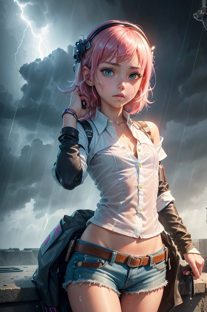 best quality, ultra-detailed, best illustration, masterpiece, high res (1girl:1.3), ((solo)), (perfect anatomy) (perfect face), (young girl (), fair skin, pink hair (shoulder length), green eyes, (((cowgirl outfit))), (((white shirt))), jean skintight black mini shorts, happy, blushing, (((flat chest))), in a futuristic setting with a green light, annoyed, cyberpunk, (drinking water), best anime 4k, cybersuits, in her school, ((during a storm))), (at night), (((wet))), ((rain)), (night), ((((alone)))), from behind