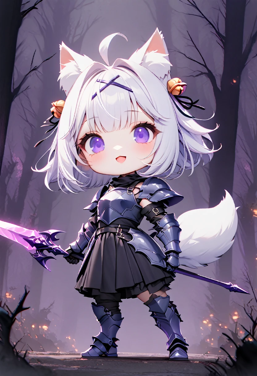 master piece, best quality, ultra-detailed, illustration, 1girl, solo, chibi, (big head), cute pose, front view, looking at viewer, ((full body Close up)), filian, filianoverall, Filiansailor, ((white hair)) , short hair, shoulder length hair, fly-away hair, bangs, purple hairclip, purple hair ornament, cat ears, (hair bell:1.3) ahoge, purple eyes, open mouth, smiling, (white fox tail), ((spear knight outfit)), knight's armor, metal breastplate, armored gloves, weilding 1sword , glowing sword , metal greaves, armored boots, spooky forest background, gloomy atmosphere, broken trees