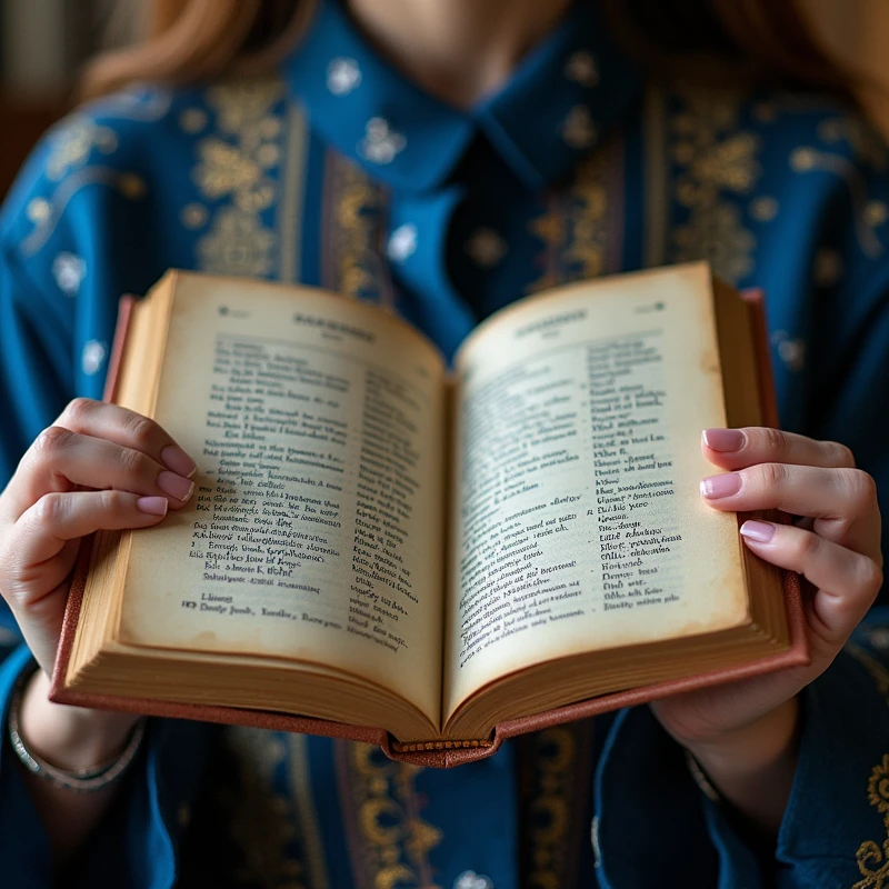 Create an image of an open numerological book or study, with blue and gold details. Show female hands flipping through pages, to give a human and specific touch.