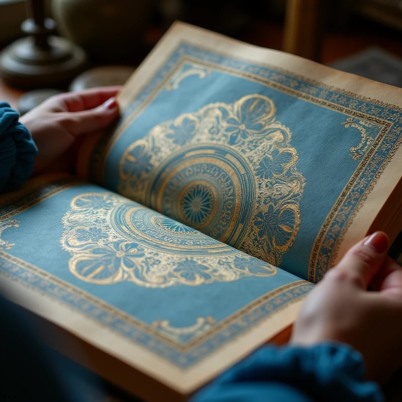 Create an image of an open numerological book or study, with blue and gold details. Show female hands flipping through pages, to give a human and specific touch.