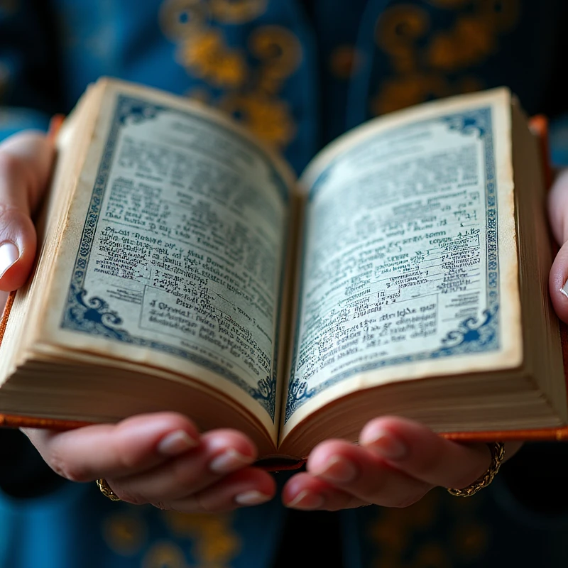 Create an image of an open numerological book or study, with blue and gold details. Show female hands flipping through pages, to give a human and specific touch.