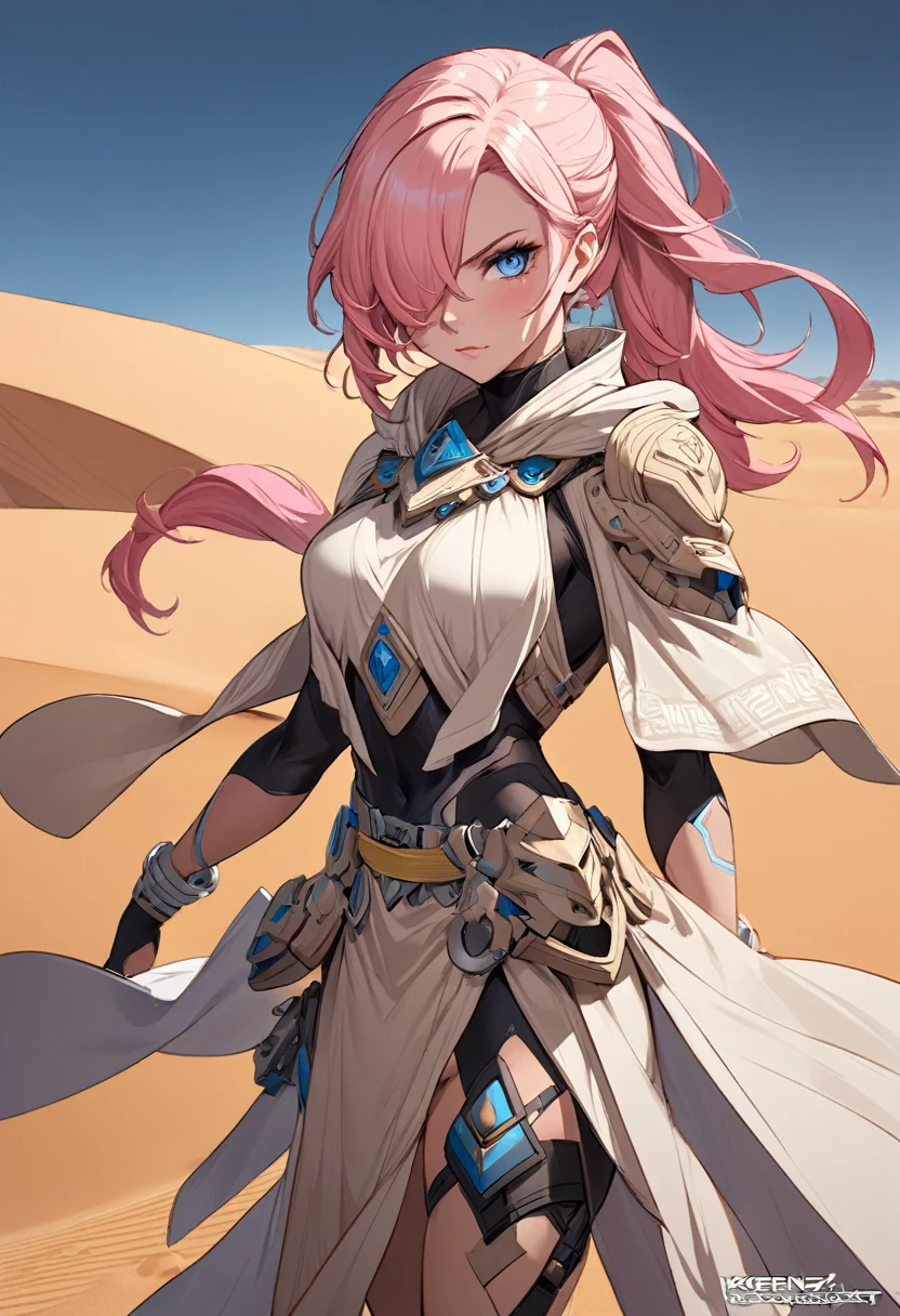 masterpiece, best quality half body, 1 female, (long_ponytail wavy tip pink color hair), (hair over one eye:1.3), detailed beautiful eyes, detailed gorgeous face, dune, borderland guardians, wearing sand-colored desert cloak, warfare, mask, desert canyon background, perfect anatomy, dynamic pose, intricate details, PIXIV, krenz cushart, anime,
