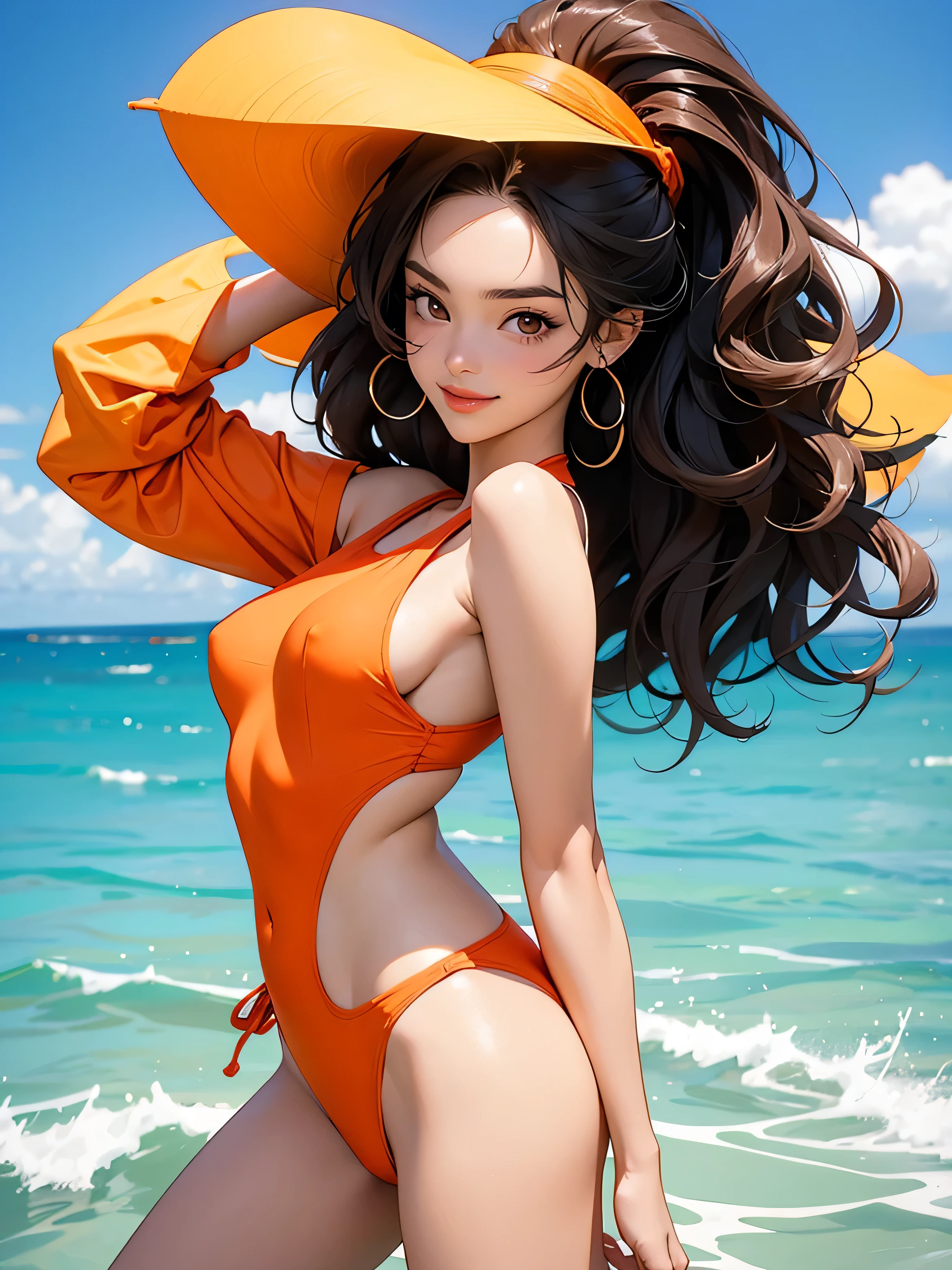 A playful Latina woman with long, voluminous wavy hair. She is wearing an orange one-piece swimsuit. "A model standing with her back to the camera, looking over her shoulder, one hand on her hip and the other gently touching her hair, with a captivating smile."