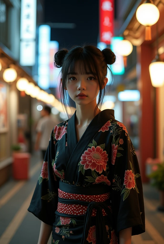 RAW Photos, 8k, (Highest quality), Realistic, (live-action, Intricate details), (Natural skin texture, Detailed skin, Hyperrealism, Sharpness), (Pale skin:1.5), Japanese age girl walking through a shopping street at night, (Sexy black yukata with floral print:1.5), Slender body, Bun hairstyle, Blunt bangs, at night