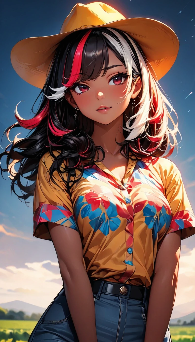 (highest quality:1.2, Very detailed, up to date, Vibrant, Ultra-high resolution, High Contrast, masterpiece:1.2, highest quality, Best aesthetics), Portraiture、girl、singer, solo, ((25-years-old:1)), Bright colors, Beautiful fine details、Beautiful lip detail、medium wave hair、(red and white:1,) ((streaked hair:1.6)), highlights hair: 1.5, red eyes, slim body, medium breast, (tan skin:1.1), (Floral Fineline tattoo design on left arm:1), ((sexy cowgirl:1.5)), (yellow cowboy hat:1.5), short sleeve plaid shirt, jeans, farm house, blue sky, (cowboy shot:1.5),