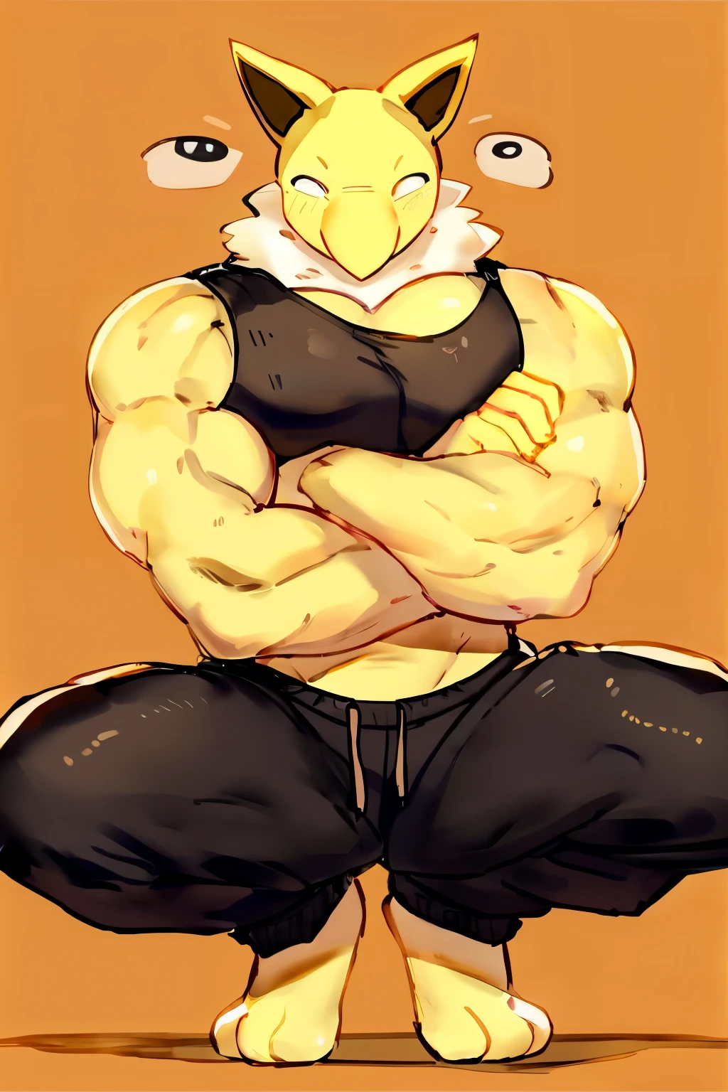 Furry, Anthro, solo, Hypno, Male, (((muscular body, massive thighs, massive male pectorals, yellow skin, fluffy neck, wearing white fur around neck, crouching, crossed arms))), ((((massive biceps)))), ((((((massive bulky torso, wearing black tanktop, wearing black sweatpants, barefoot, wide-eyed, head tilted)))))), full body, black/yellow spraypainted background, by buta99, by zackary911, by bebebebebe, (((digital painting)))