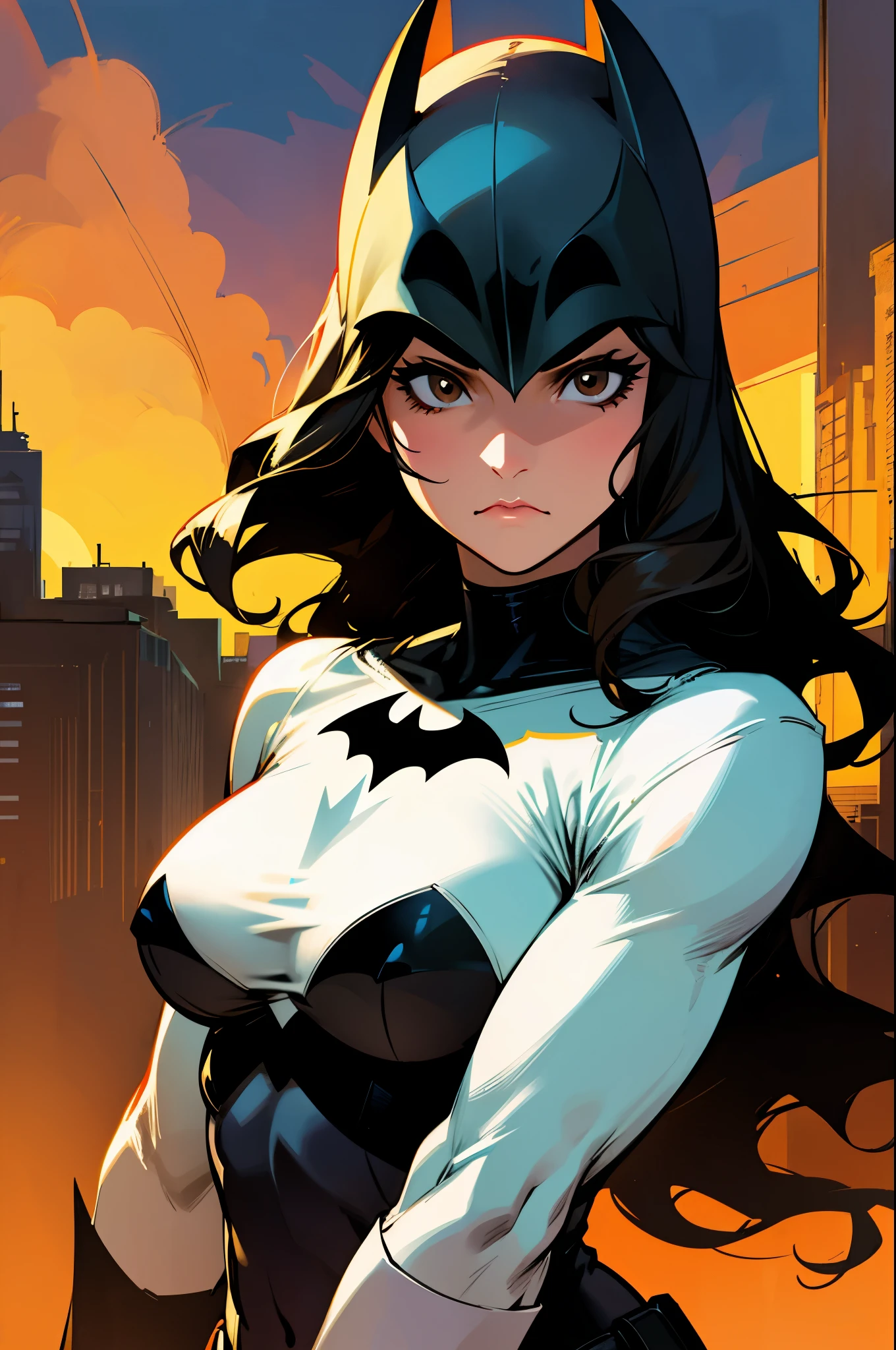 1female , curly hair ,long hair, black Hair , brown Eyes , muscular ,teen female , Serious Expression , Modern City Background , Big symbol on chest, modern city background, upper body, batman shirt, arm, white arm sleeves, superhero suit, lesbian, blonde highlights, night sky, batman mask, black mask covering face, batman face mask