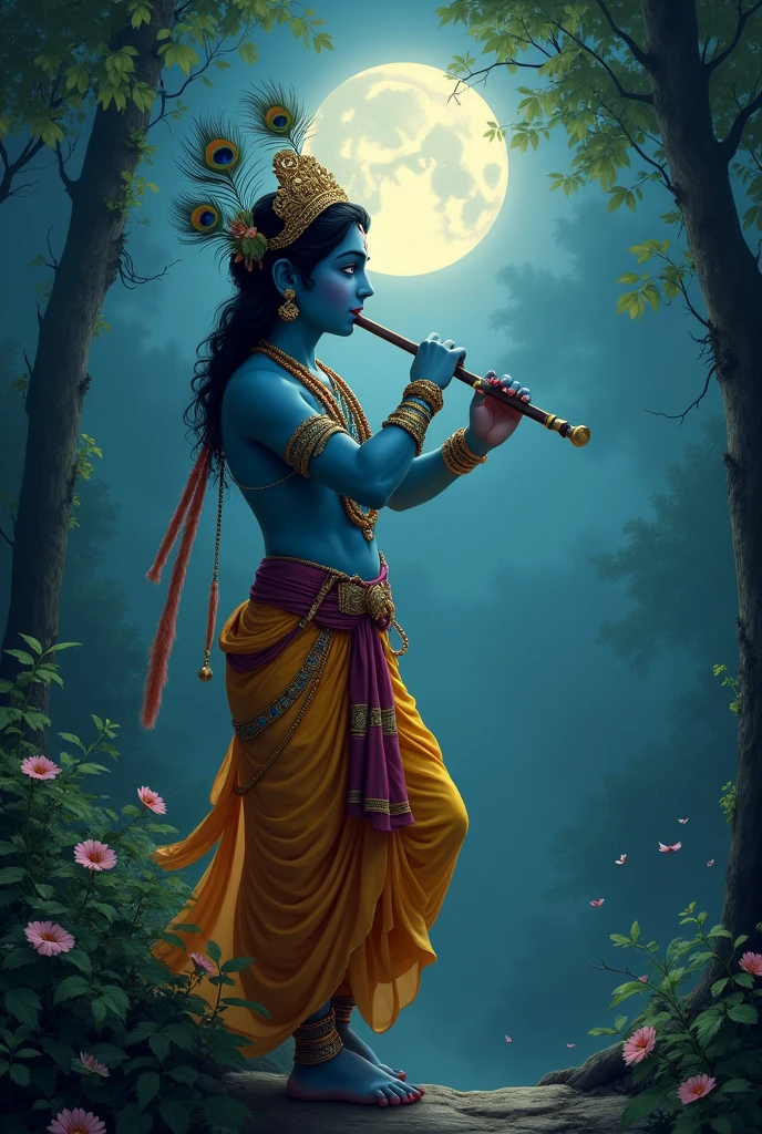 Lord shree Krishna playing the flute under a
moonlite sky, surrounded by a serene,
lush forest and Peacock peace on hair.