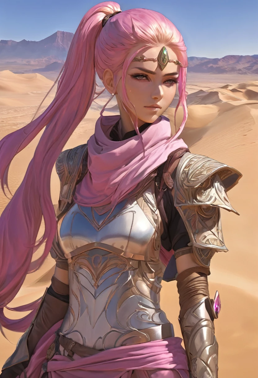 masterpiece, best quality half body, 1 female, (long_ponytail wavy tip pink color hair), (hair over one eye:1.3), detailed beautiful eyes, detailed gorgeous face, dune, borderland guardians, wearing sand-colored desert cloak, warfare, mask, desert canyon background, perfect anatomy, dynamic pose, intricate details, PIXIV, krenz cushart, anime,