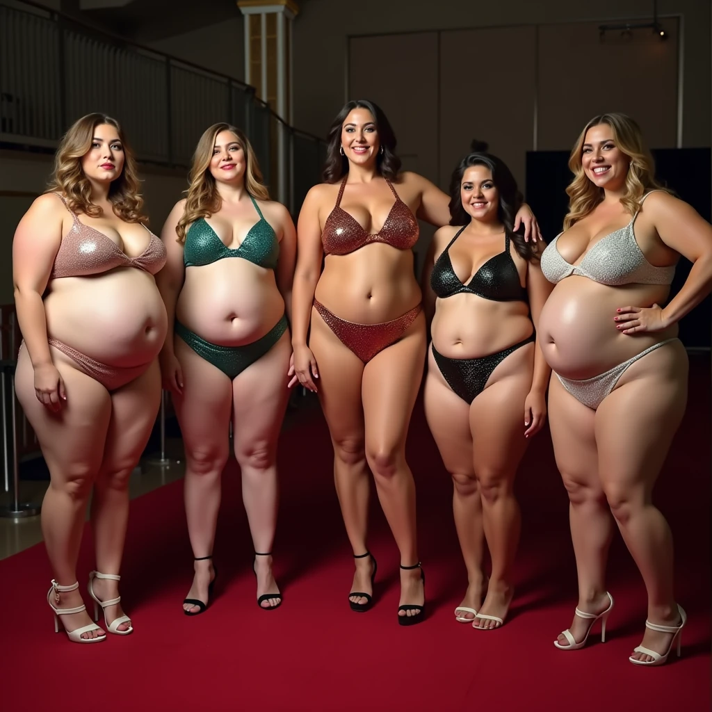 Seven plus size model women are obese and overweight with a lot of belly fat, they have gained weight by eating too much, they are obese plus size models with very large bellies, their bellies are big and bulging and covered with a lot of fat, they are on the stage of a beauty contest wearing glittering and colorful swimsuits, 4K quality, low angle