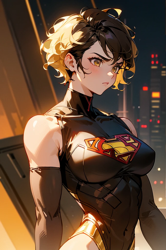 1female , undercut hair , wavy hair ,short hair, black Hair , golden Eyes , muscular , female , Serious Expression , Modern City Background , Big symbol on chest, modern city background, upper body, superman shirt, arm, black arm sleeves, superhero suit, Superman S Symbol, lesbian, blonde highlights, black leotard outfit, big red S symbol