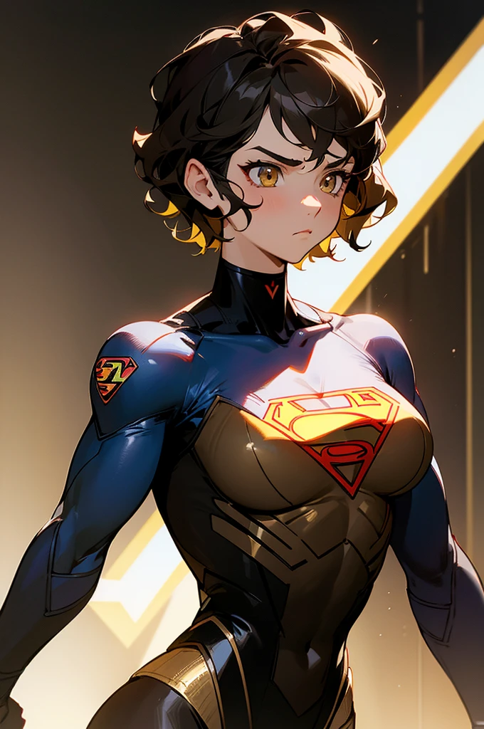 1female , undercut hair , wavy hair ,short hair, black Hair , golden Eyes , muscular ,teen female , Serious Expression , Modern City Background , Big symbol on chest, modern city background, upper body, superman shirt, arm, black arm sleeves, superhero suit, Superman S Symbol, lesbian, blonde highlights, black leotard outfit, big red S symbol
