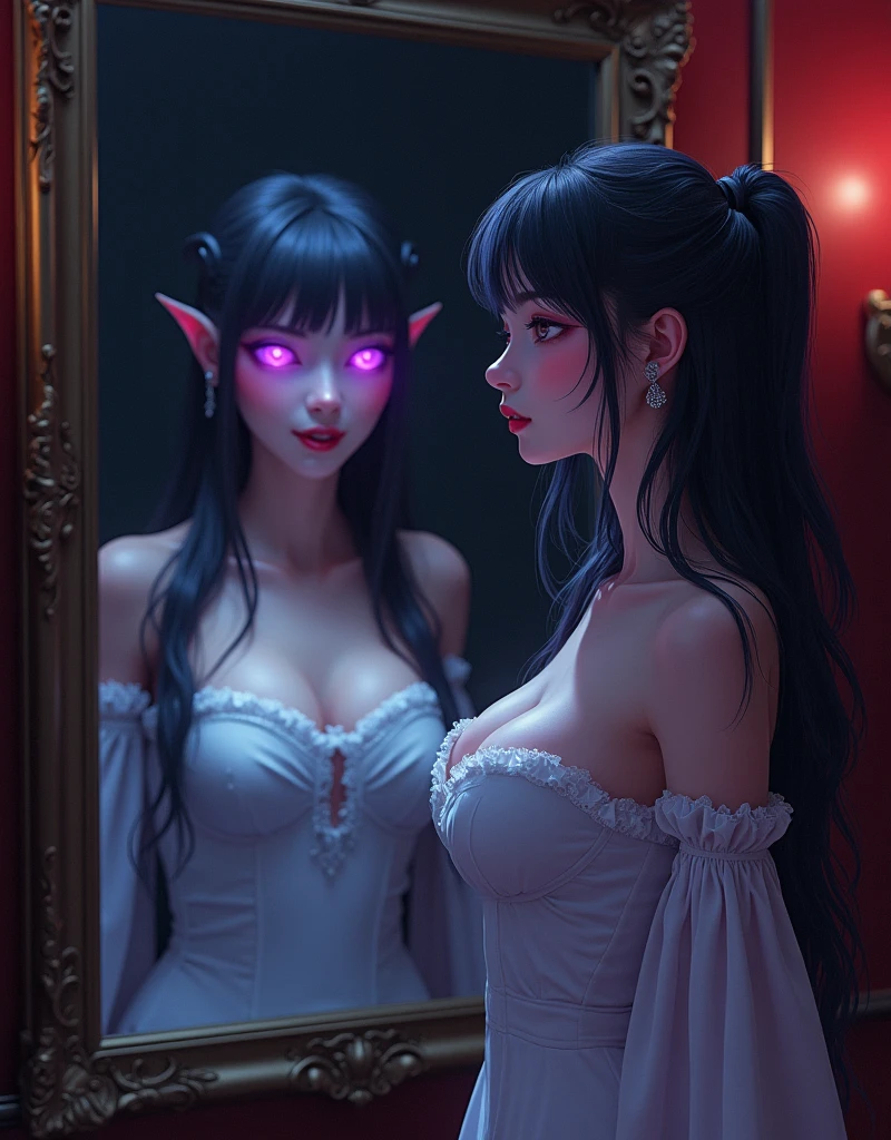 1 mature and seductive woman,(Detailed Description,Incredibly absurd,High resolution,8k wallpaper,masterpiece,Highest quality,Depth of region,Anatomically accurate depiction,Perfect body),(Glowing Skin,Shiny skin),(A woman in a noble dress stands in front of a mirror:1.3,The image of a succubus with an evil smile is reflected in the mirror.:1.3,Succubus has demon wings,Succubus eyes are crazy:1.3),eyelash,Purple Eyes,Half-closed eyes:1.3,There is cleavage in the chest,Glossy lipstick,A dress with a complex structure,Luxury accessories,(background:Large mirror),Anime Art