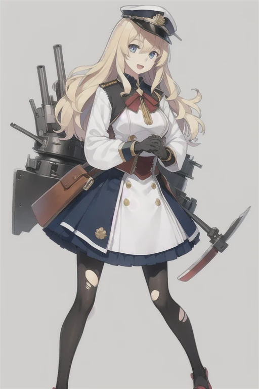 konggo \(warship girls r\),((Best quality))), ((Best quality))), ((Ultra-detailed)), ((illustration)), ((Disheveled hair)), ((frilld)), (1 girl), (Solo),,1girl, black legwear, blonde hair, blue eyes, blue skirt, broken, covering, covering breasts, damaged, gloves, hat, hat removed, headwear removed, jacket, long hair, long sleeves, looking at viewer, open mouth, pantyhose, peaked cap, rigging, shoes, skirt, solo, sword, torn clothes, torn legwear, torn shirt, torn skirt, underwear, uniform, weapon, white gloves, white headwear, white jacket, torn