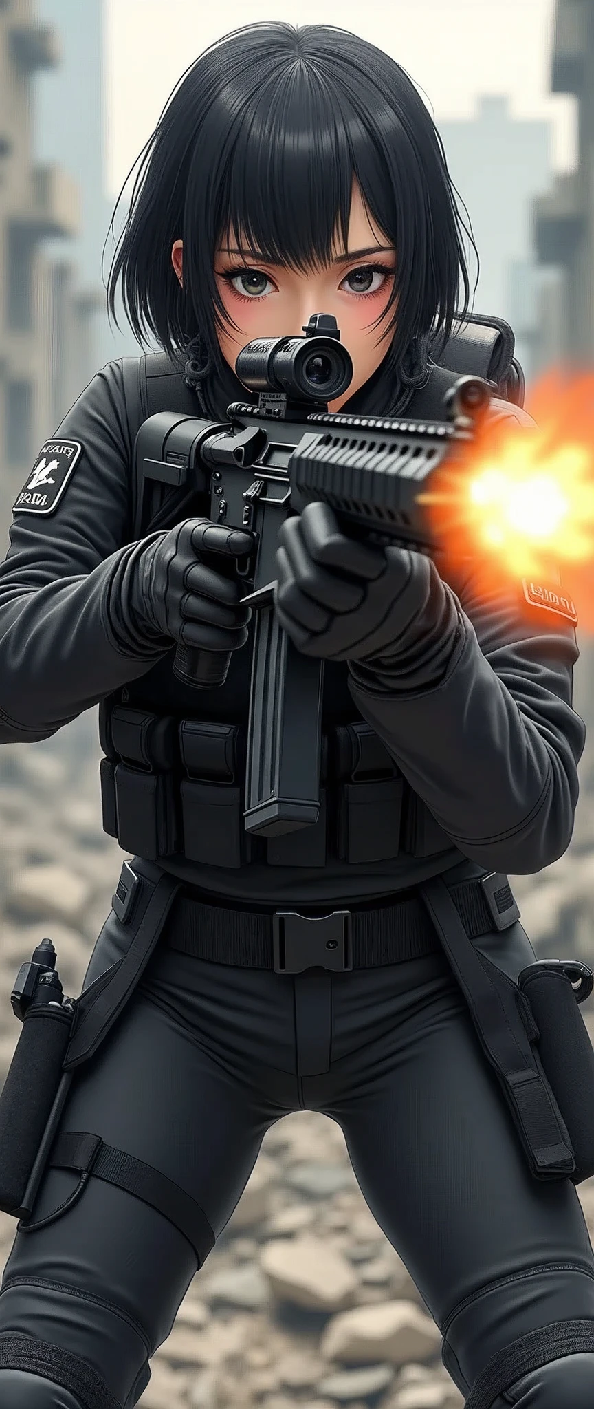 (masterpiece),(Highest quality),(Ultra-high resolution),(Very detailed),(Photorealistic),(One Woman),Japanese,Black Hair,Short Bob,Beautiful Eyes,Long eyelashes,Beautiful Hair,Beautiful Skin,strict,whole body,break(aim at something with an automatic rifle),(Firing an automatic rifle),(Flashy muzzle flash effect),SWAT Uniforms,Black bulletproof vest, Combat Boots, Black Tactical Forster,Tactical Headset,Tactical Helmet,(The background is the rubble of ruins),(((Background Blur))),(Detailed hand drawing)