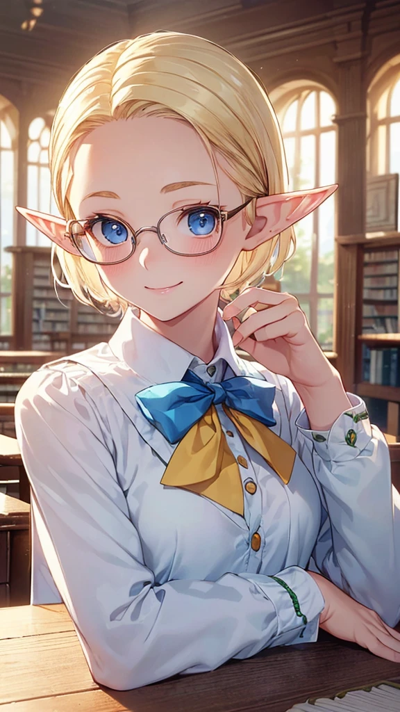 Very close、((Focus on the upper body))、16K、masterpiece、High resolution、High resolution、((****ung elven woman))、((Beautiful white skin))、((Beautiful blonde、Very Short Hair、Wide forehead visible、Glasses))、((Beautiful Blue Eyes))、((Pointed Ears))、Smiling Kindly、blush、((school uniform))、((library))、Courting me