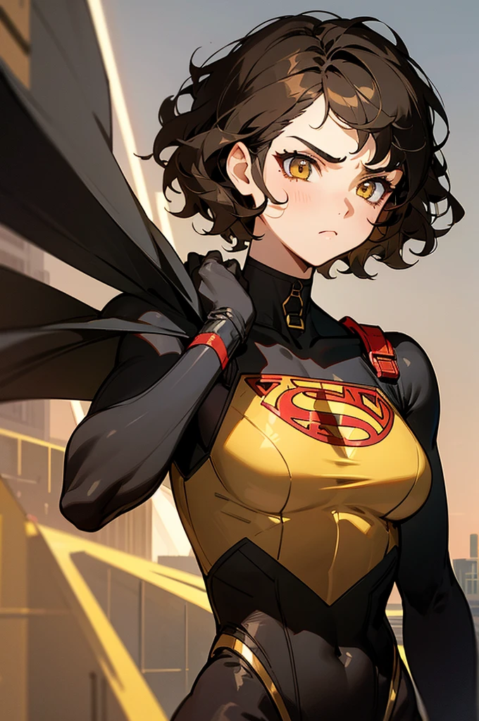 1female , undercut hair , wavy hair ,short hair, black Hair , golden Eyes , muscular ,teen female , Serious Expression , Modern City Background , Big symbol on chest, modern city background, upper body, superman shirt, arm, black arm sleeves, superhero suit, blonde highlights, black leotard outfit, big red S symbol
