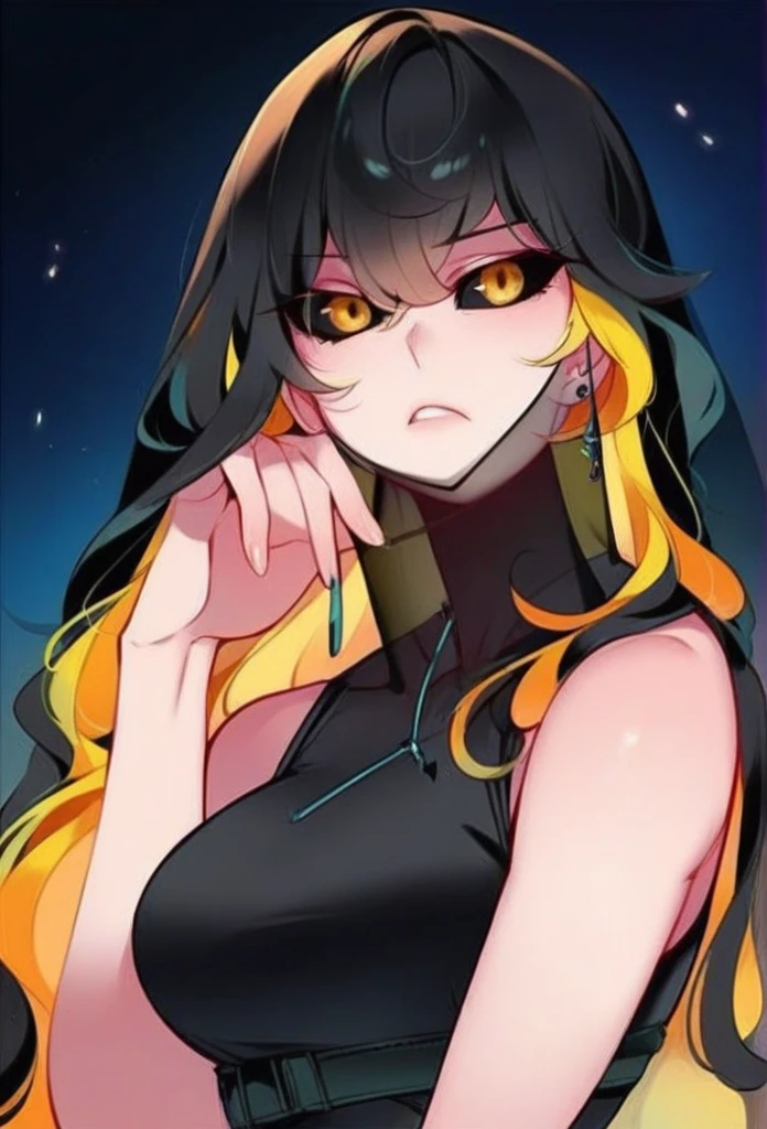 juder_style, score_9, score_8_up, score_7_up, score_6_up, score_5_up, score_4_up, hd, (ultra hd quality details), 8K, 1girl, long hair, Hourglass body, yellow eyes, black hair, yellow highlights, 2d illustration, wavy hair, serious face, combat, black veil, black sclera
