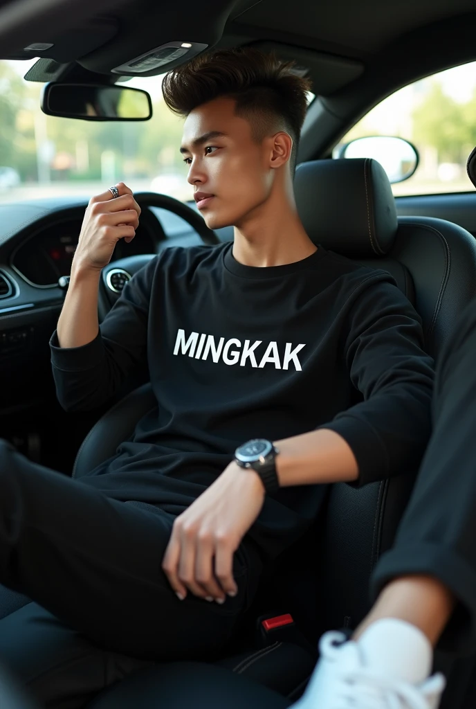 A handsome young man from Indonesia, 18 years old, is driving a luxury car., boy wearing black pants, black shirt showing "MINGKAK"  Clear Printed on top in bold letters., white shoes, watch, succeeded, stylish hair, Background, 16K Ultra Quality Images