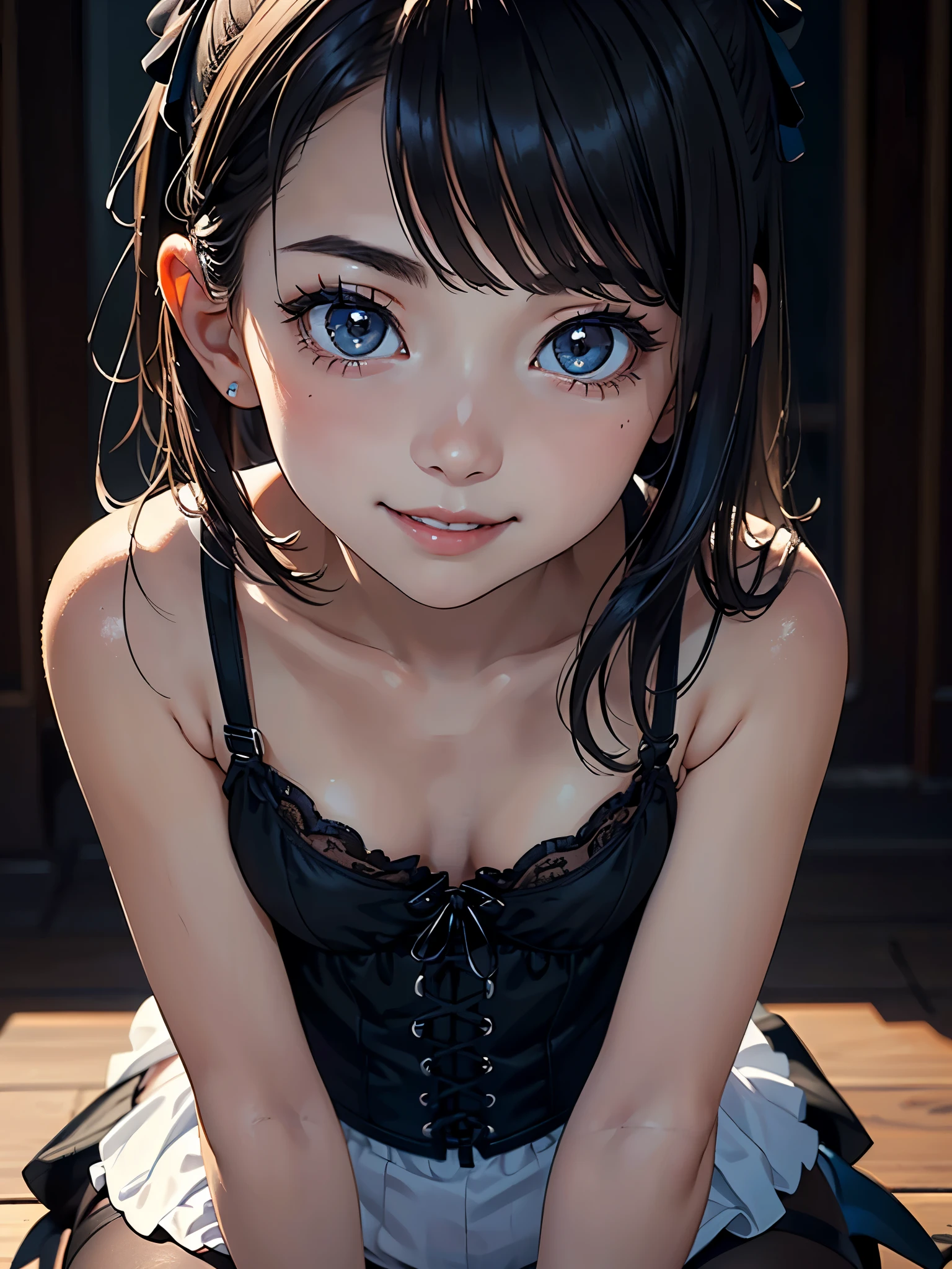 masterpiece, 8K, photorealistic, Raw photo, best quality, ultra high resolution, 1girl, solo, 12 year old female of Photorealistic anime girl, (Gothic ta Fashion, hair ribbon, see-through camisole, breastless clothes, corset, mini skirt, frills, side tie panties, black pantyhose, high heels), (cute), (little:1.3), (very beautiful face:1.5), (Beautiful face with perfect symmetry:1.2), (cute face:1.3), (natural breasts:1.3), (wonderful smile:1.3), (high detail skin:1.5), (perfect anatomy), (Beautiful Dark brown short tiered hair, V cut with layers and bangs:1.2), (Beautiful black eyes:1.3), (Soft atmosphere characteristics), ((perfect Pause)), (Face close-up:1.3), volume lighting, soft light, bright,