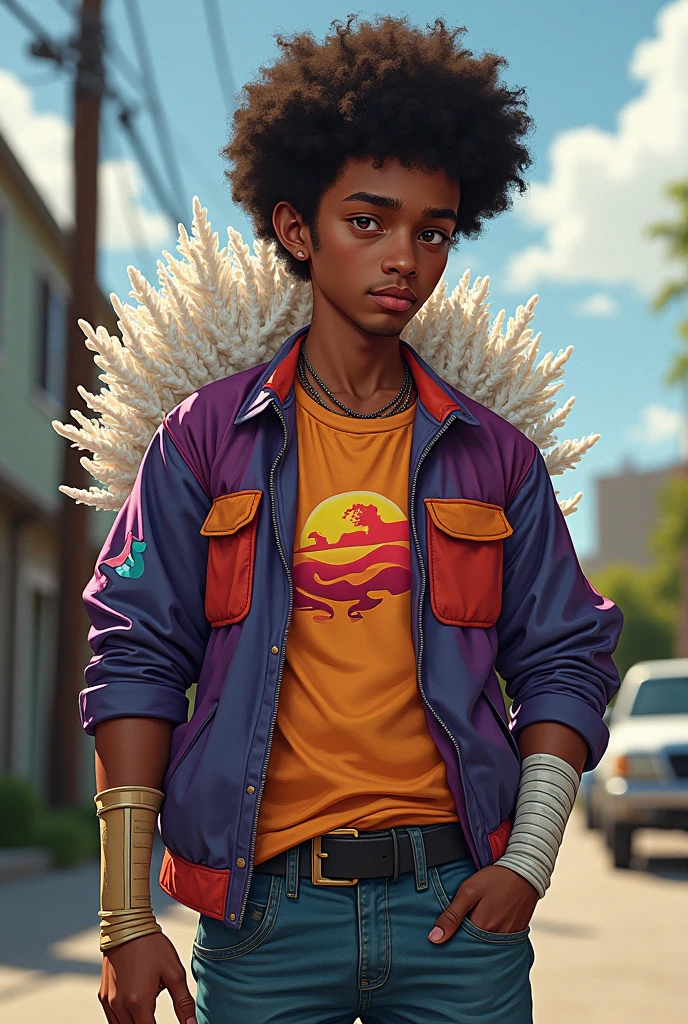 A teenage deliquent boy, his arms are both in a shared cast,he wears brown shorts and a jacket with purple,orange,red and blue colors, he appears a bit muscular and his back has white coral coming out from it
Tanish skin afro hair style, has a shirt with a sunrise design on it