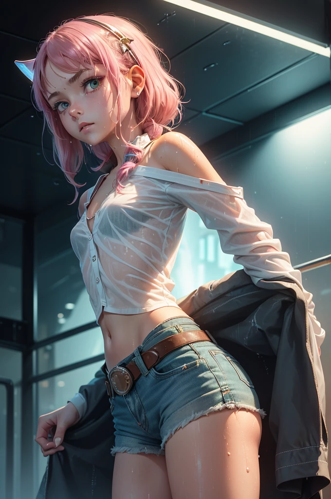 (masterpiece), (best quality), (high res), ((((Solo)))), (perfect anatomy), (young girl (10 years old), fair skin, pink hair (shoulder length), green eyes, (((cowgirl outfit))), (((white shirt))), jean skintight black mini shorts, happy, blusshing, (((flat chest))), in a futuristic setting with a green light, annoyed, cyberpunk, (drinking water), best anime 4k, cybersuits, in her school, ((during a storm))), (at night), (((wet))), ((rain)), (night), ((((alone)))), from behind